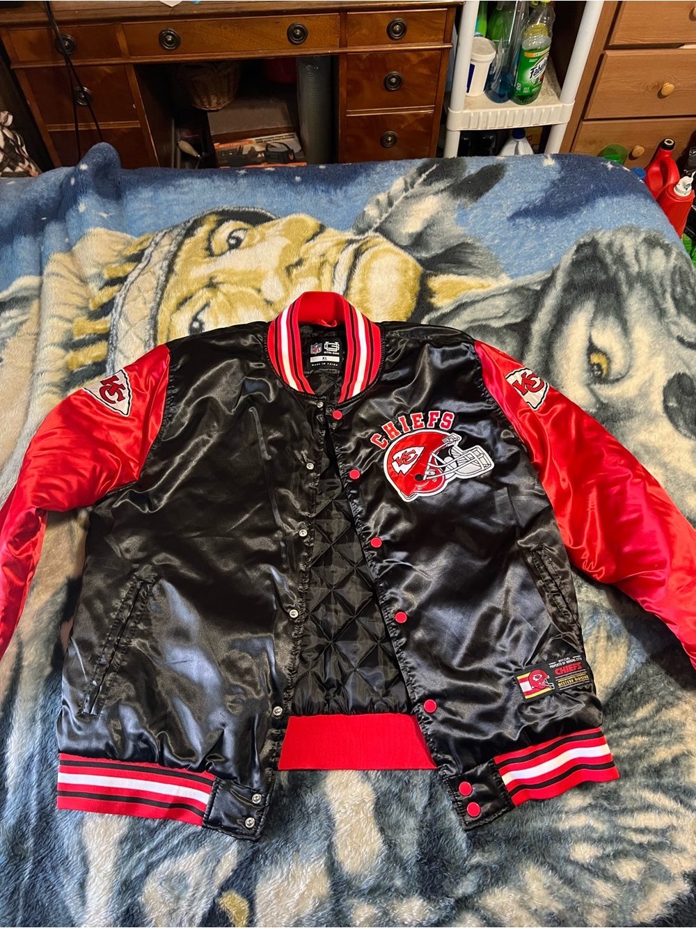 NFL Kansas City Chiefs Black and Red Satin Puffer Jacket